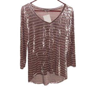 Womens Mauve Striped Velvet Long Sleeve Top Size M
